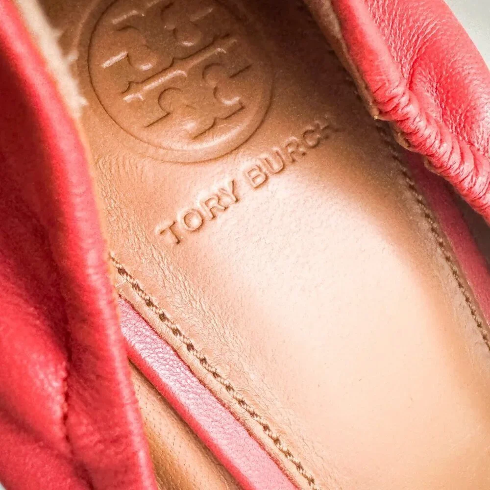 Tory Burch Leather Coral Orange Scrunch Back Low Black Heel Flats 6.5
